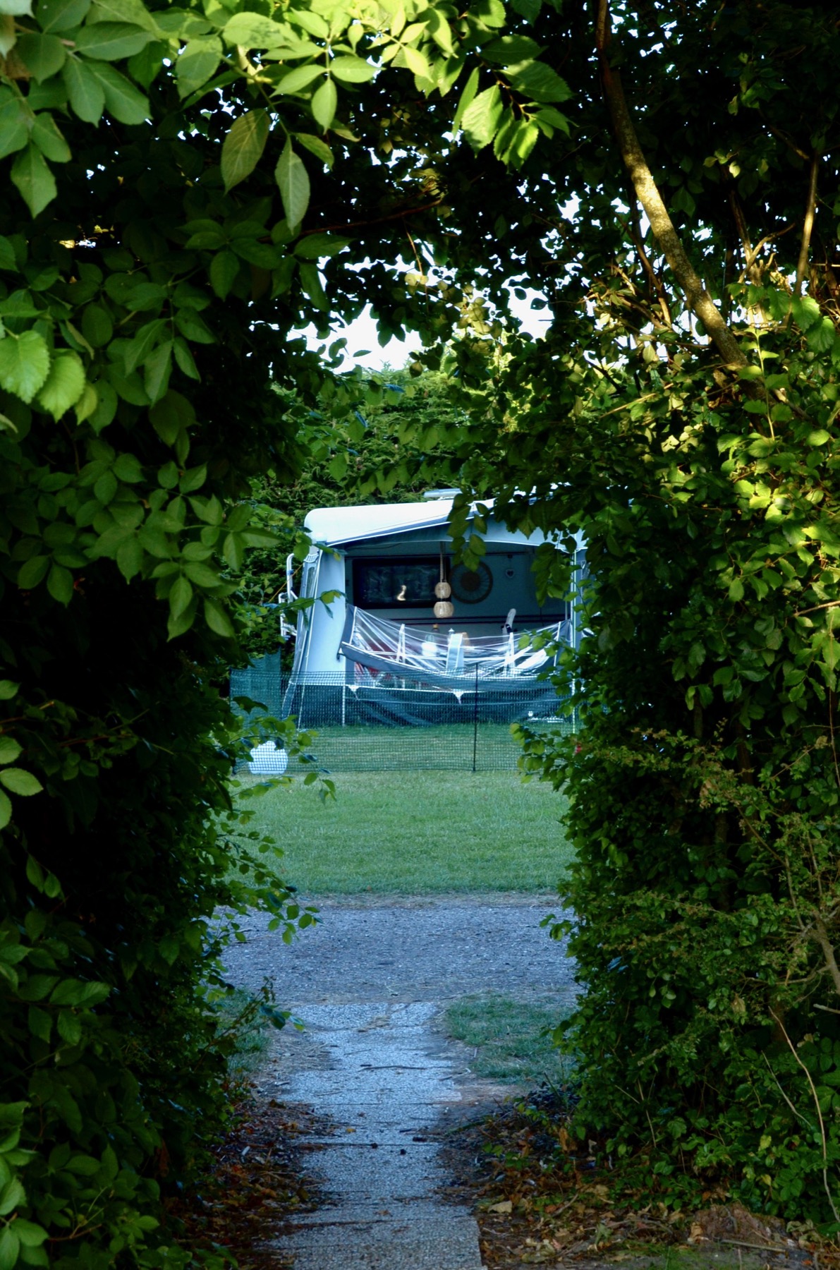 Caravan met hangmat, omzoomd door hagen